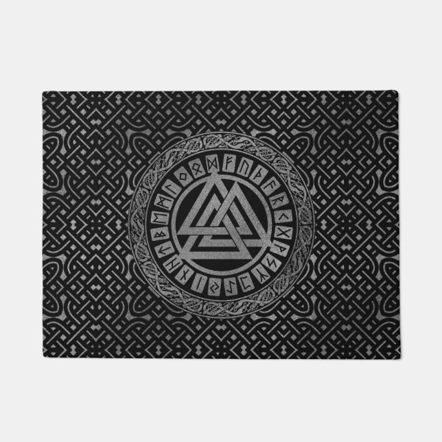 Silver Metallic Valknut Symbol on Celtic Pattern Doormat (Front)