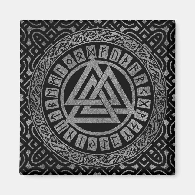 Silver Metallic Valknut Symbol on Celtic Pattern Magnet (Front)