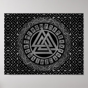 Silver Metallic Valknut Symbol on Celtic Pattern Poster
