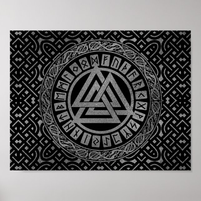 Silver Metallic Valknut Symbol on Celtic Pattern Poster (Front)