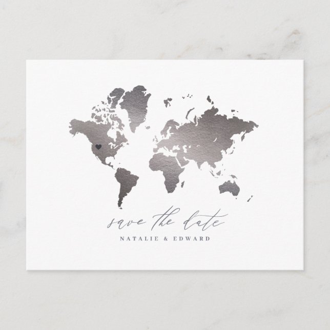Silver metallic world map wedding announcement (Front)