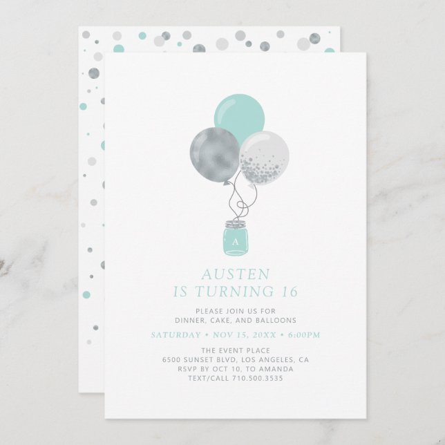 Silver & Mint Balloons Modern 18th Birthday Party Invitation (Front/Back)