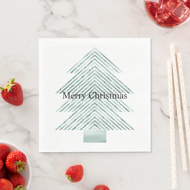 Silver Mint Christmas Tree Glitter Stripes Napkin (Insitu)