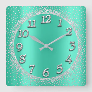 Silver Mint Crystals Confetti Glitter Grey Number Square Wall Clock