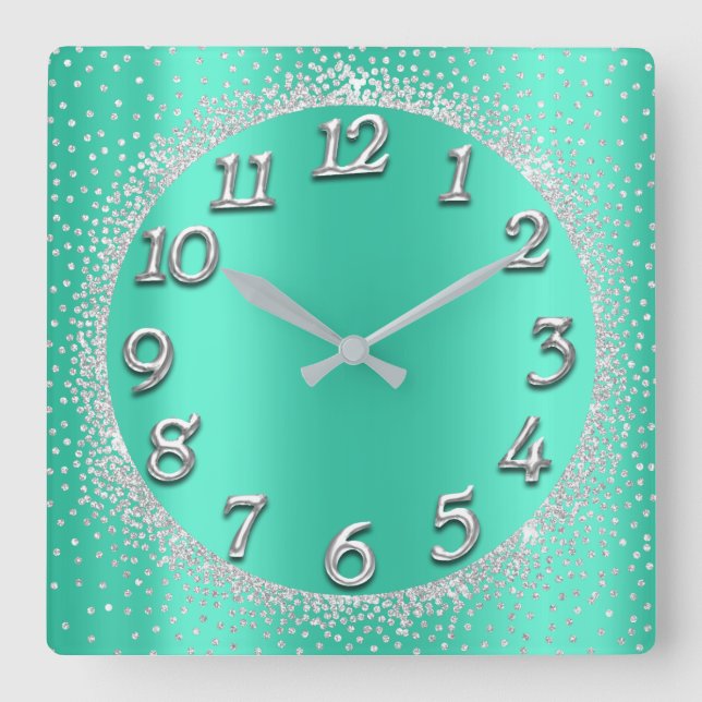 Silver Mint Crystals Confetti Glitter Grey Number Square Wall Clock (Front)