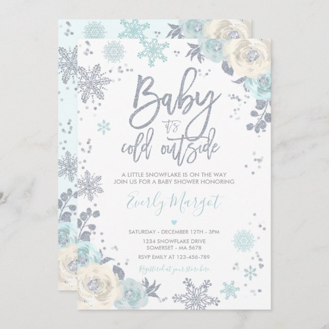 Silver & Mint Floral Winter Baby Shower Snowflake Invitation (Front/Back)