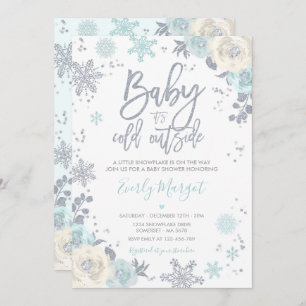 Silver & Mint Floral Winter Baby Shower Snowflake Invitation