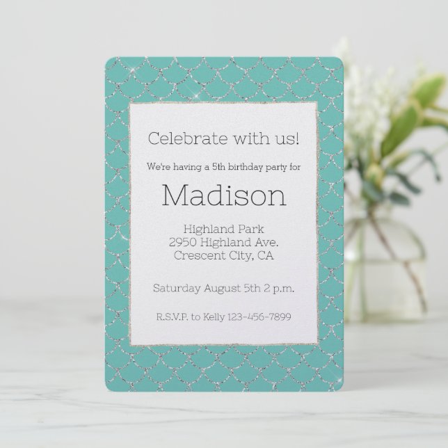 Silver Mint Mermaid Birthday Invitation (Standing Front)