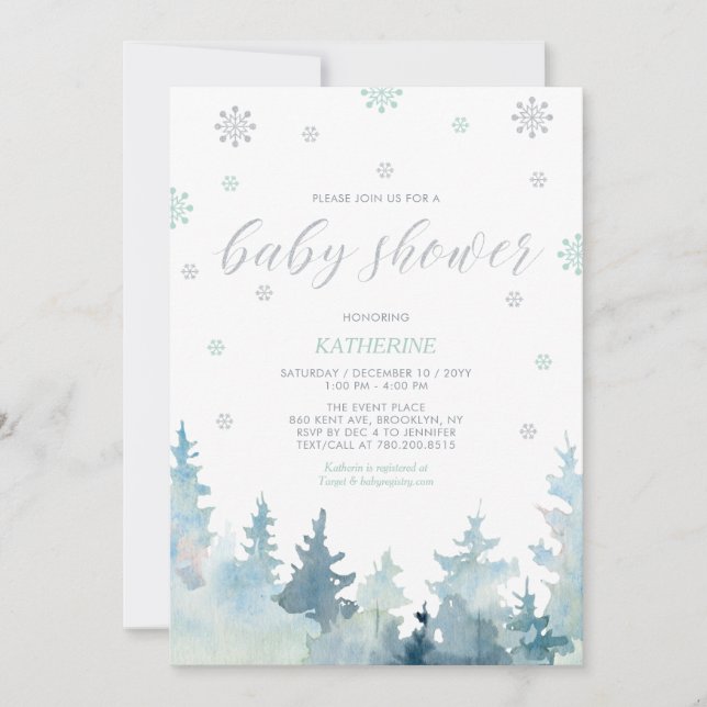 Silver & Mint Snowflake Winter Forest Baby Shower Invitation (Front)