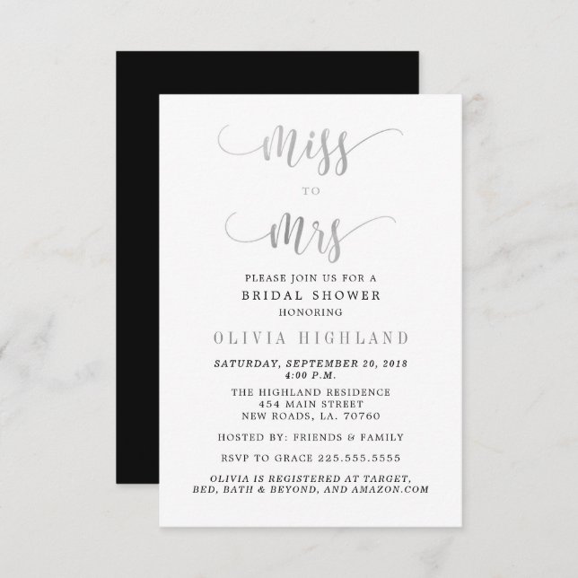 Silver Miss to Mrs Bridal Shower Invitations (Front/Back)