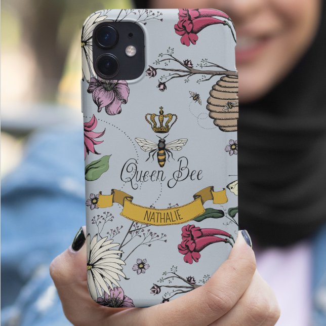Silver Mist, Black & Gold Queen Bee & Crown Case-Mate iPhone Case (Chic Hand-Drawn Royal Queen Bee & Flowers Illustration in Light Blue.
Personalized Name in Scroll.)