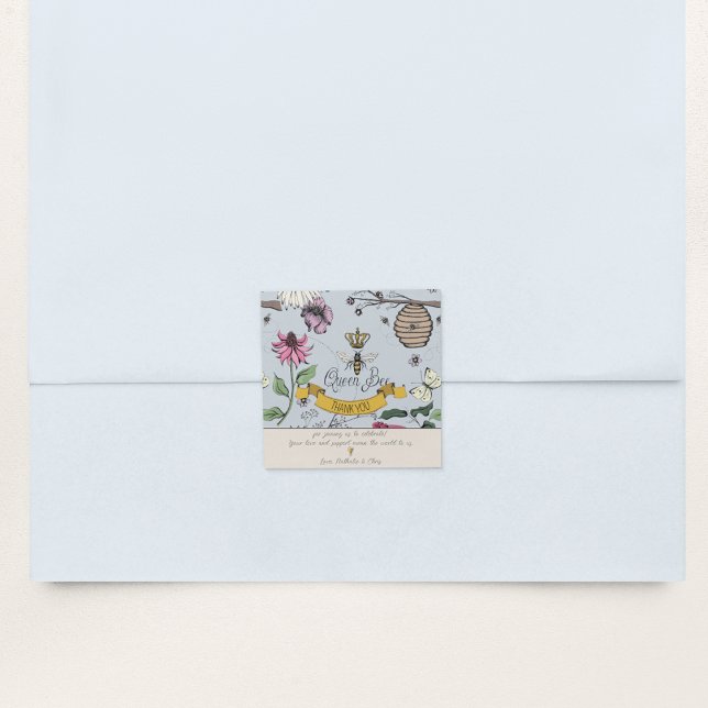 Silver Mist & Black Queen Bee and Crown Thank You Square Sticker (Elegant Queen Bee Thank You Sticker. Hand Drawn Floral Queen Bee Pattern: Beehive, Bees & Flowers)