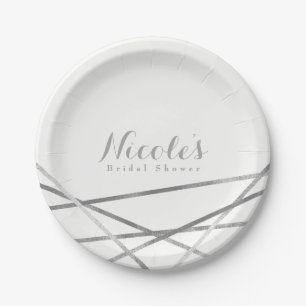 Silver Modern Geometric Lines Elegant Custom Paper Plate