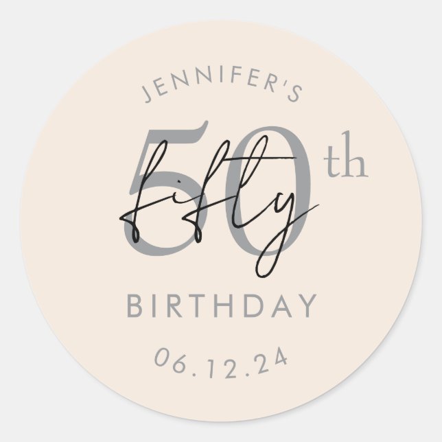 Silver Modern Script 50th Birthday Party Champagne Classic Round Sticker (Front)
