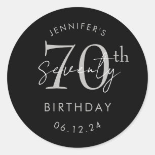 Silver Modern Script 70th Birthday Party Black Classic Round Sticker