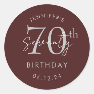 Silver Modern Script 70th Birthday Party Burgundy Classic Round Sticker