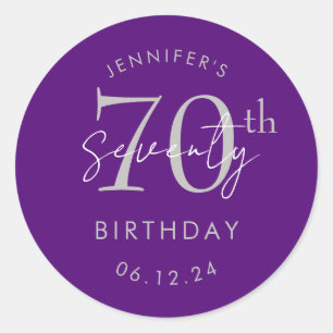 Silver Modern Script 70th Birthday Party Purple Classic Round Sticker