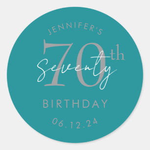Silver Modern Script 70th Birthday Party Turquoise Classic Round Sticker