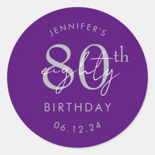 Silver Modern Script 80th Birthday Party Purple Classic Round Sticker