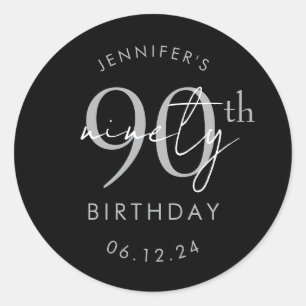 Silver Modern Script 90th Birthday Party Black Classic Round Sticker