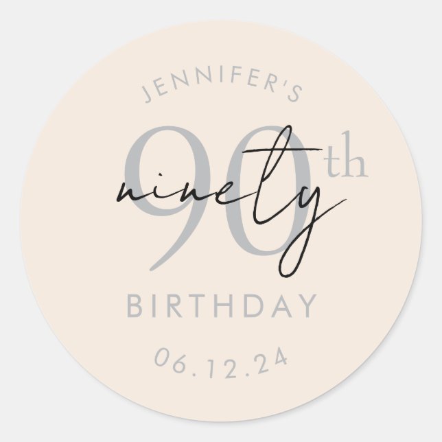 Silver Modern Script 90th Birthday Party Champagne Classic Round Sticker (Front)