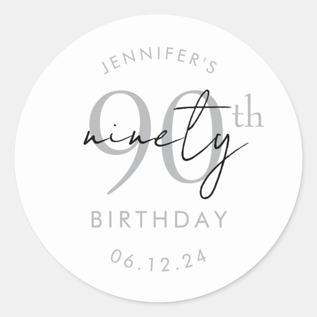Silver Modern Script 90th Birthday Party  Classic Round Sticker (Front)