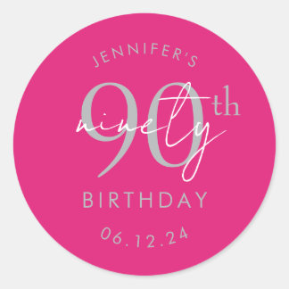 Silver Modern Script 90th Birthday Party Hot Pink Classic Round Sticker
