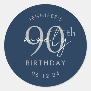Silver Modern Script 90th Birthday Party Navy Blue Classic Round Sticker