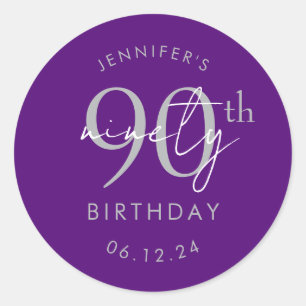 Silver Modern Script 90th Birthday Party Purple Classic Round Sticker