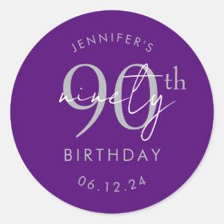 Silver Modern Script 90th Birthday Party Purple Classic Round Sticker