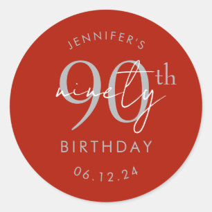 Silver Modern Script 90th Birthday Party Red Classic Round Sticker