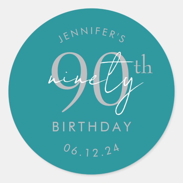 Silver Modern Script 90th Birthday Party Turquoise Classic Round Sticker (Front)