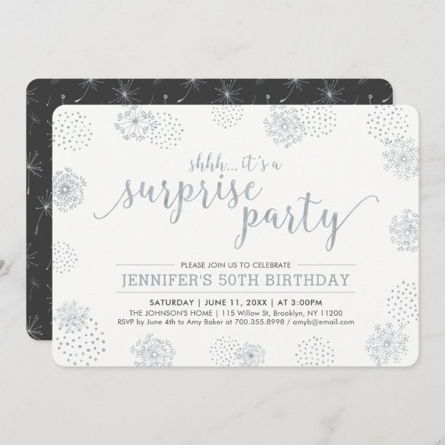 Silver | Modern Surprise 50th Birthday Party Invitation (Front/Back)