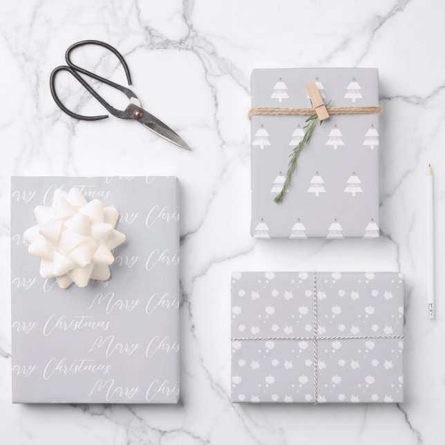 Silver & Modern White Christmas Tree  Wrapping Paper Sheet (Front)
