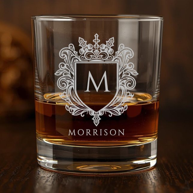 Silver Monogram Crest Printed Whiskey Glass (Silver Monogram Crest Printed Whiskey Glass)