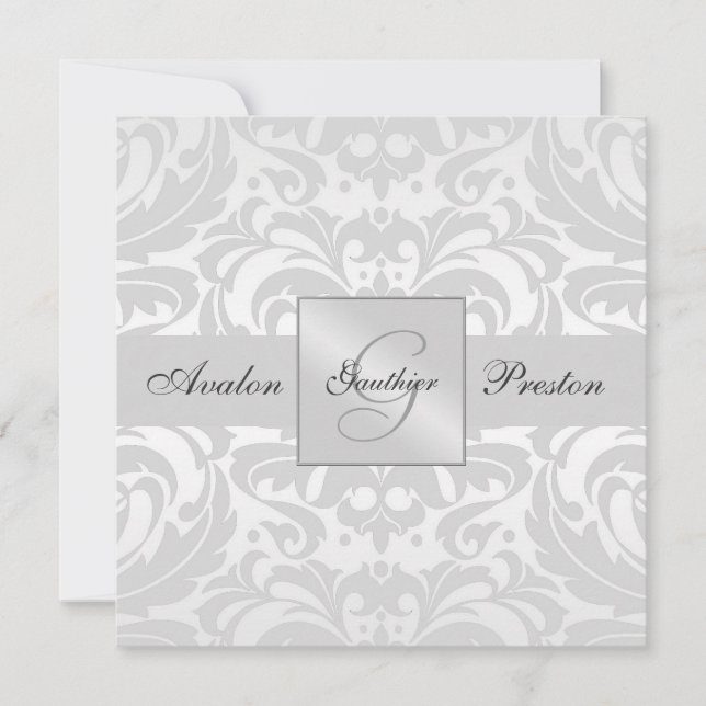 Silver Monogram Damask Wedding Invitation (Front)