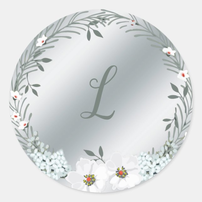 Silver Monogram Floral Wedding Sticker (Front)