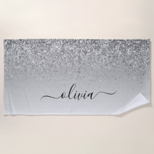 Silver Monogram Glitter Sparkle Girly Script Beach Towel