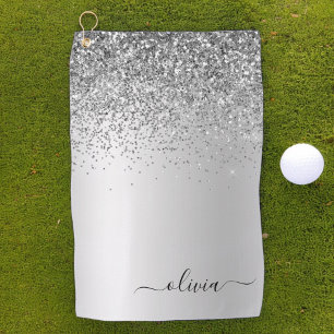 Silver Monogram Glitter Sparkle Girly Script Golf Towel