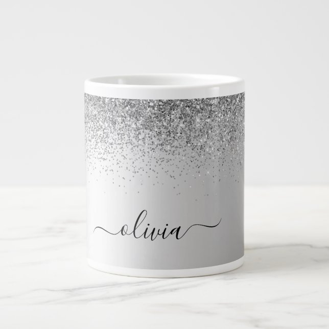 Silver Monogram Glitter Sparkle Girly Script Large Coffee Mug (Front)