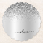 Silver Monogram Glitter Sparkle Girly Script Paper Coaster<br><div class="desc">Silver Faux Foil Metallic Sparkle Glitter Brushed Metal Monogram Name Paper Coasters. This makes the perfect graduation,  birthday,  wedding,  bridal shower,  anniversary,  baby shower or bachelorette party gift for someone that loves glam luxury and chic styles.</div>