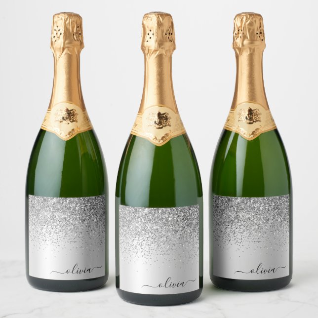 Silver Monogram Glitter Sparkle Girly Script Sparkling Wine Label (Bottles)