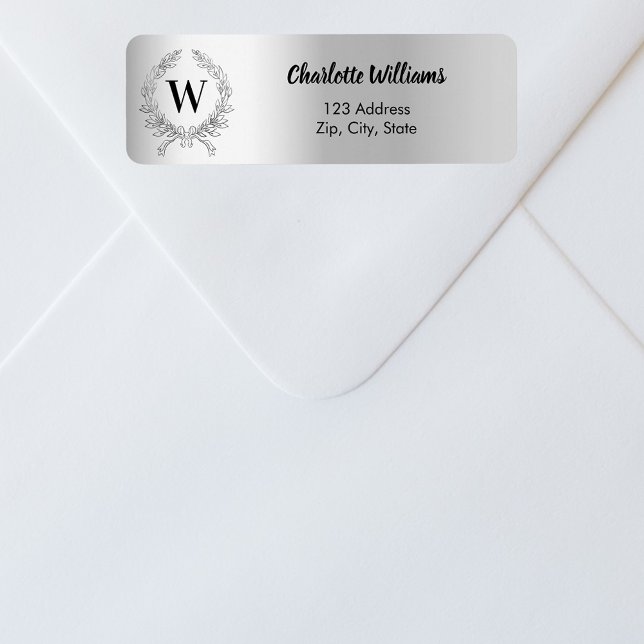 Silver monogram initial wreath return address label (Creator Uploaded)