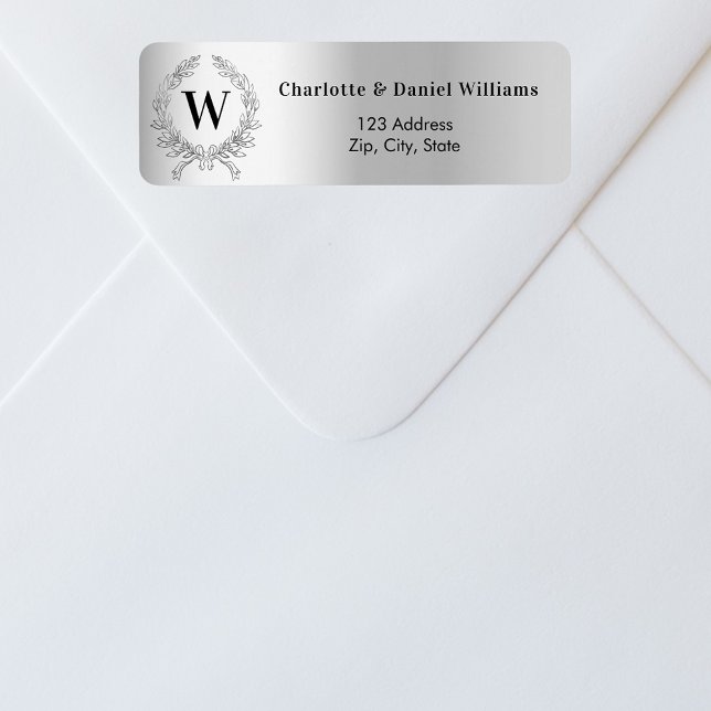 Silver monogram initial wreath return address label (Creator Uploaded)