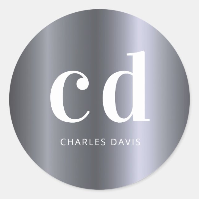 Silver monogram initials minimalist modern classic round sticker (Front)