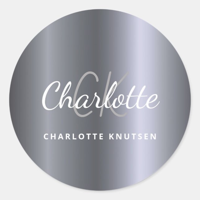 Silver monogram initials minimalist script classic round sticker (Front)