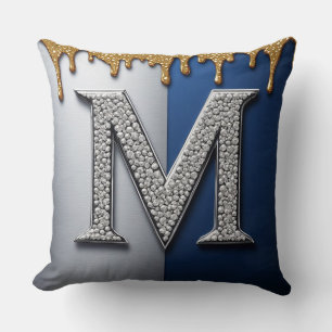 Silver Monogram Letter M Navy Gold Dripping Paint Cushion