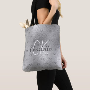 Silver monogram name modern tote bag