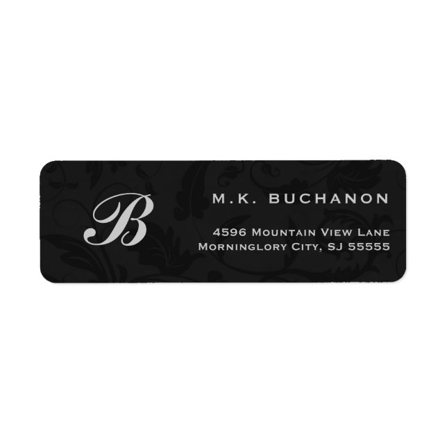 Silver Monogram on Black Damask Return Address Label (Front)
