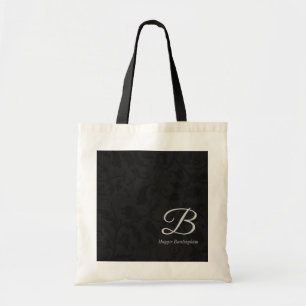 Silver Monogram on Black Damask Tote Bag